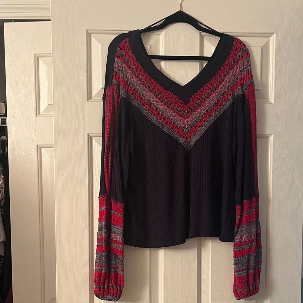 FP Movement by Free People Red, Gray and Blue Knit Blouse